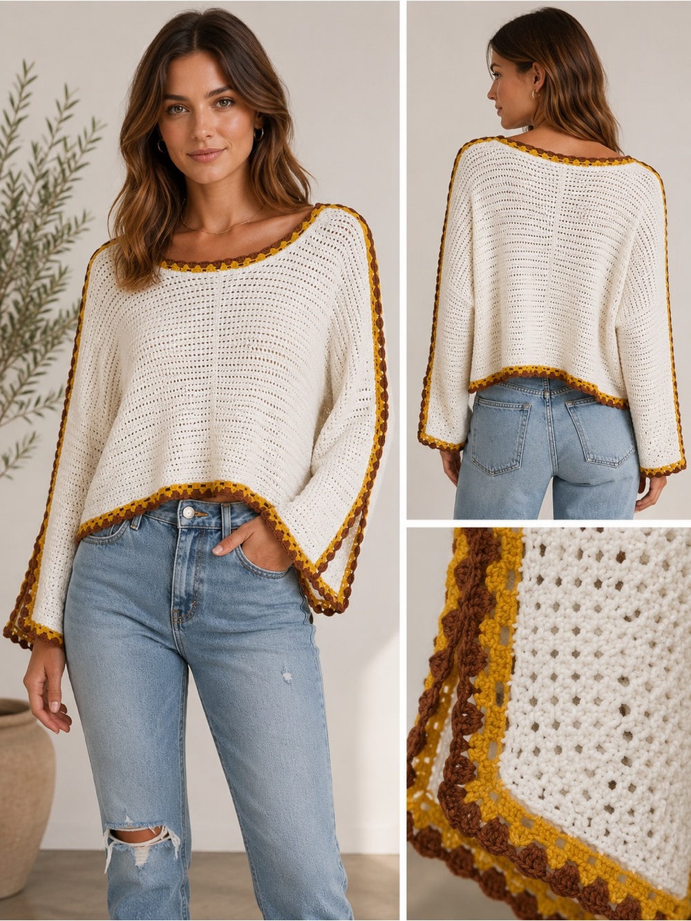Ayla Crochet Knit Sweater Boho Bell Sleeve Cream Mustard Brown Size M
